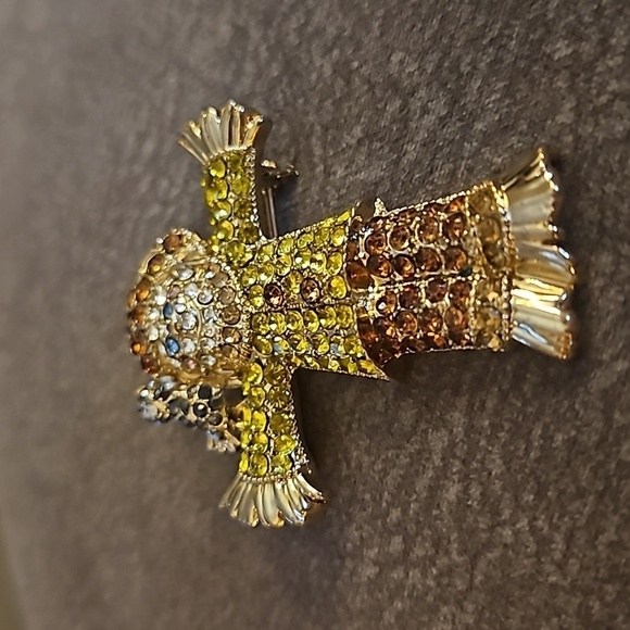 Dana Buchman Yellow and Brown Rhinestone Fall Scarecrow Brooch Pin - Picture 3 of 6